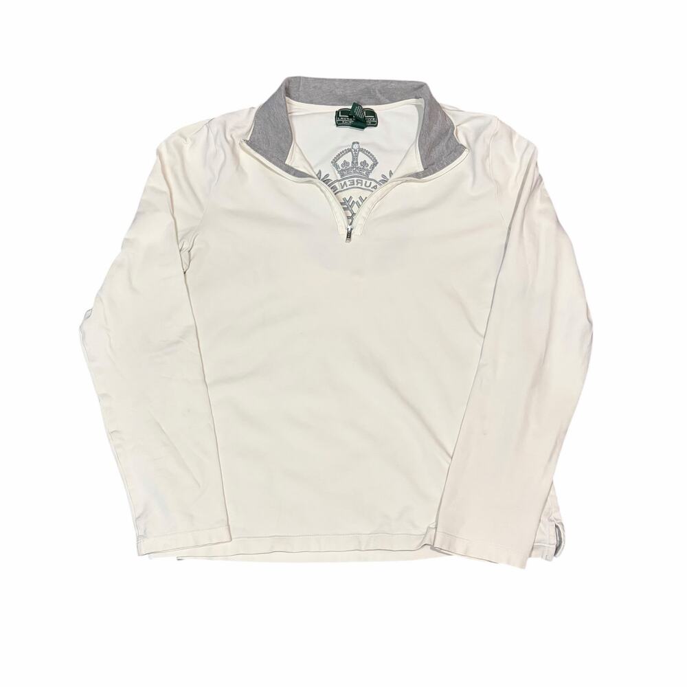 LRL Active Y2K Women's 1/4 Zip XL White Embroidered Crest Mock Neck Ski Prep